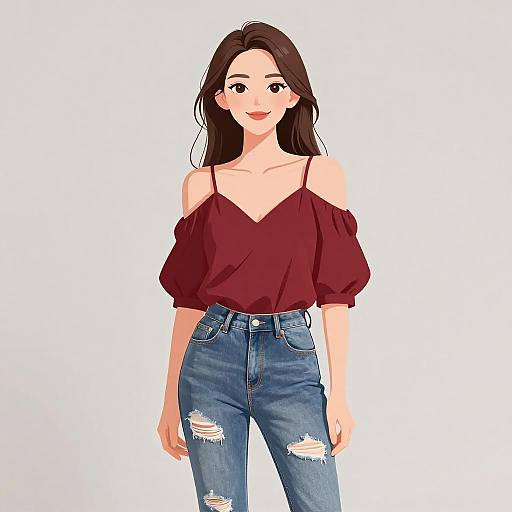 Digital illustration of a smiling young woman with long brown hair, wearing a maroon off-shoulder top and blue, distressed jeans.