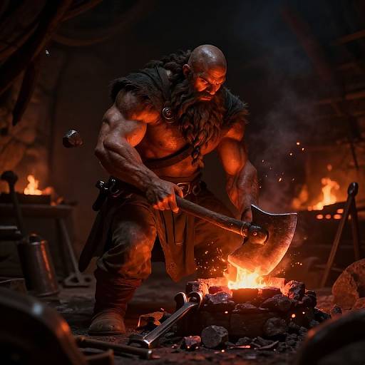 Muscular bald man with fur loincloth and leather vest, wielding axe, chops wood by fire in dark, cave-like workshop. Photorealistic