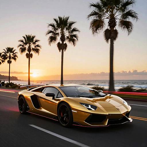 Photograph of a sleek, golden Lamborghini driving on a coastal road at sunset, with palm trees and a vibrant orange sky.