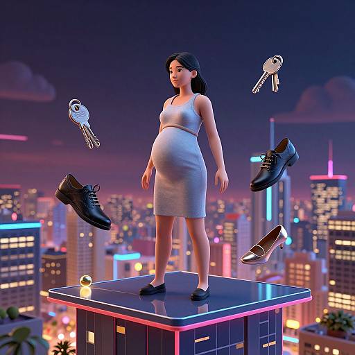 CGI image of a pregnant Asian woman in a white dress standing on a neon-lit skyscraper, with floating keys and shoes. Cityscape background