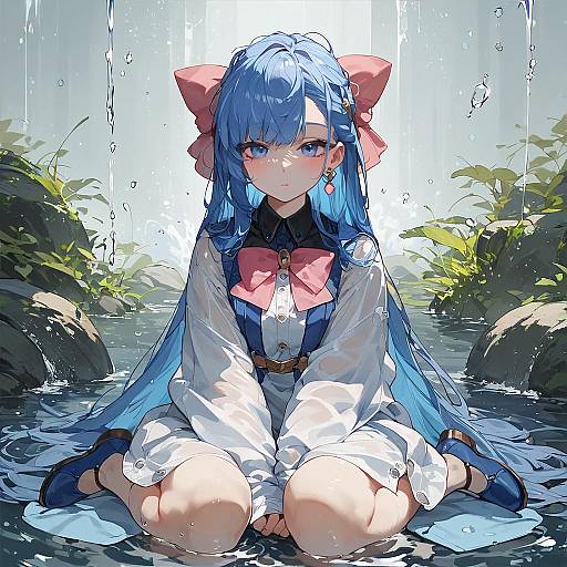Anime Girl with Blue Raincoat and Water