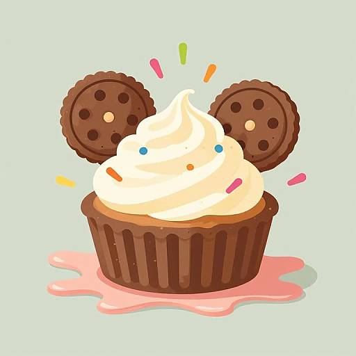 Digital illustration of a chocolate cupcake topped with swirled white frosting, colorful sprinkles, and two Oreo cookie halves, on a pink pudd