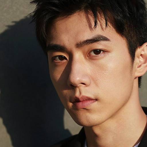 Close-up photograph of an Asian young man with short black hair, fair skin, and serious expression, standing against a shadowy background.