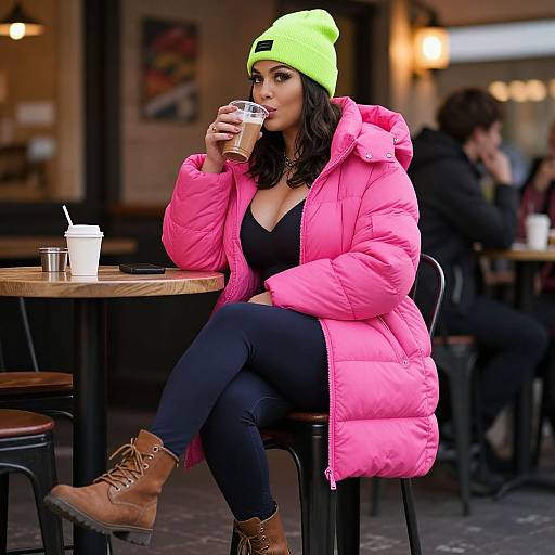 Photograph of a curvy woman with medium skin tone, black hair, wearing a neon green beanie, pink puffer jacket, black top,