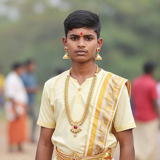 Photograph of a young Indian boy with short black hair, wearing a yellow saree, gold jewelry, and a red bindi, standing outdoors with