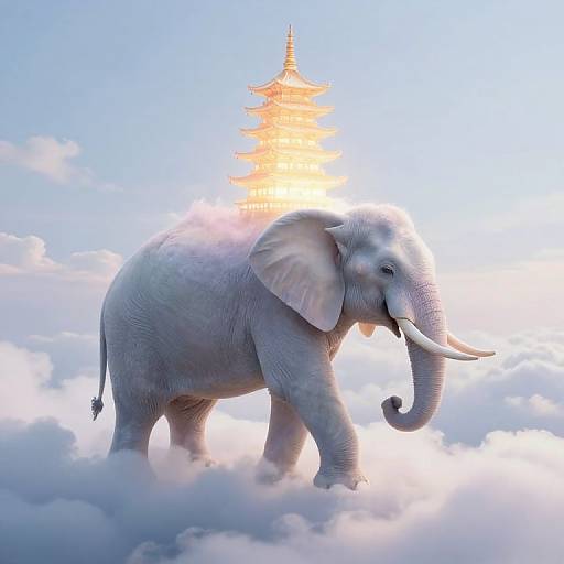 Photorealistic digital art of a gray elephant with large ears walking on fluffy white clouds, with a glowing, golden pagoda rising from behind it against