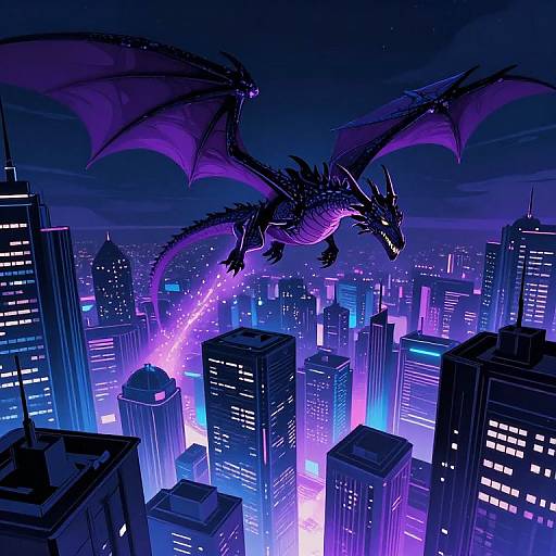 Digital art of a purple dragon with glowing wings soaring above a neon-lit, futuristic cityscape with towering skyscrapers and vibrant blue and purple lights