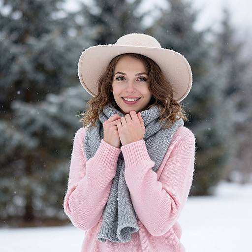 Photograph of a smiling woman with wavy brown hair, wearing a white hat, pink sweater, and blue scarf, standing in a snowy forest.