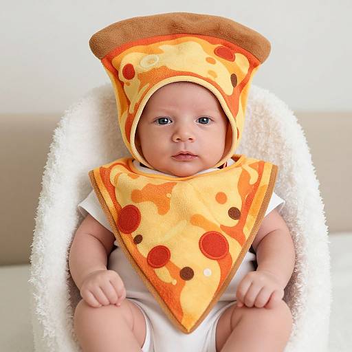Photograph of a baby wearing a pizza-themed hat and bib, with orange and yellow spots, sitting on a white, fluffy blanket.