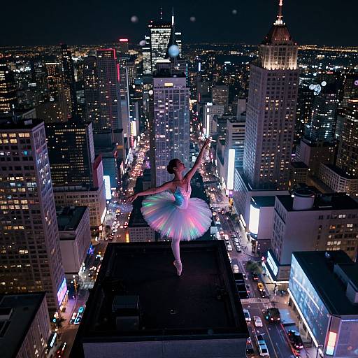 Photograph of a ballerina in a glowing, multicolored tutu standing on a rooftop, arms raised, overlooking a brightly lit, night