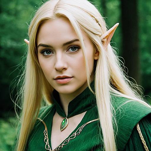 Photorealistic digital portrait of a young blonde elf woman with pointed ears, green eyes, green cloak, and green pendant, set against a forest background