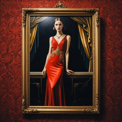 Art Deco Painting of Woman in Red Evening Dress