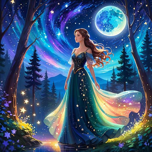 Elegant Woman in Starry Forest Night