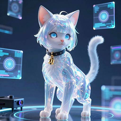 Digital CGI of a glowing white cat with blue eyes, wearing a black collar with a gold bell, surrounded by floating holographic screens in a futuristic blue