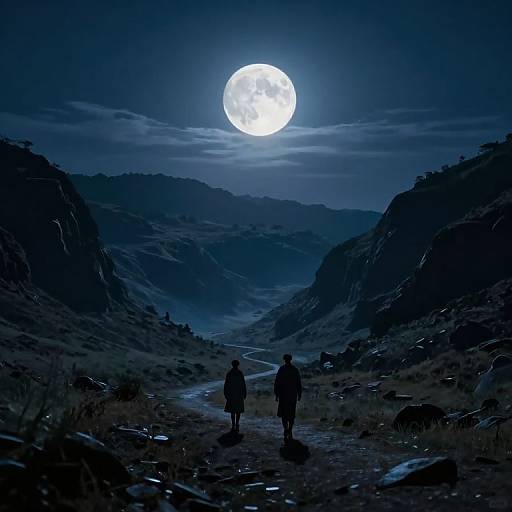 Silhouetted figure and companion walk down a rocky, moonlit valley under a bright, full moon, surrounded by dark, mountainous terrain.