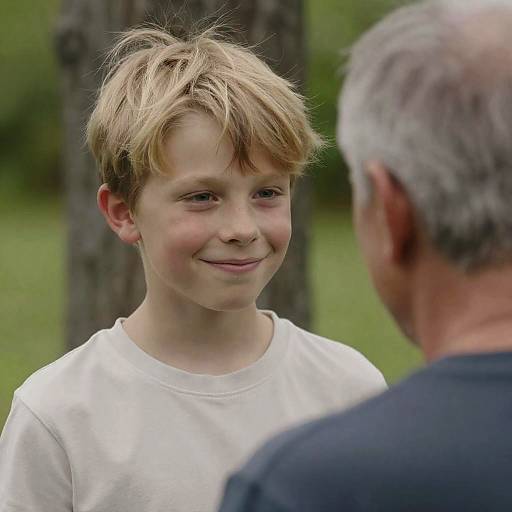 Boy Smiling at Older Man Outdoors