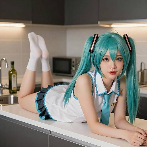 Turquoise-Haired Woman on Kitchen Counter