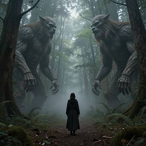 Digitally rendered forest scene: a cloaked figure stands between two towering, menacing werewolf-like creatures with glowing eyes, foggy atmosphere, and dense