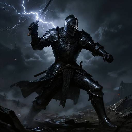 Digital artwork of a silhouetted, armored warrior wielding a lightning-enchanted sword, standing in a stormy, dark landscape with dramatic lightning
