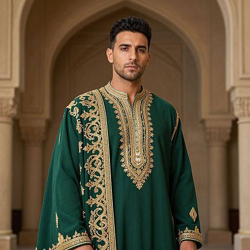 Photograph of a handsome South Asian man with short black hair and stubble, wearing an ornate dark green traditional kurta with gold embroidery, standing