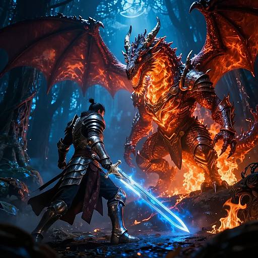 Digital fantasy artwork: Armored warrior with glowing blue sword faces fiery, red-scaled dragon in dark, mystical forest under a moonlit sky.