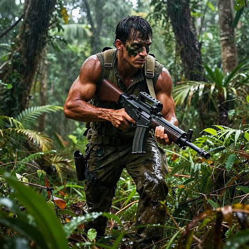 Muscular man with wet, dark hair, camouflage vest, and cargo pants, holding a rifle in a rain-soaked, dense jungle. Photoreal