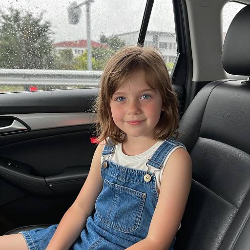 Child in Blue Overalls in Car