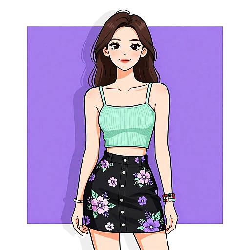 Digital anime-style drawing of a young woman with long brown hair, green crop top, black floral skirt, and bracelets, against a purple background.