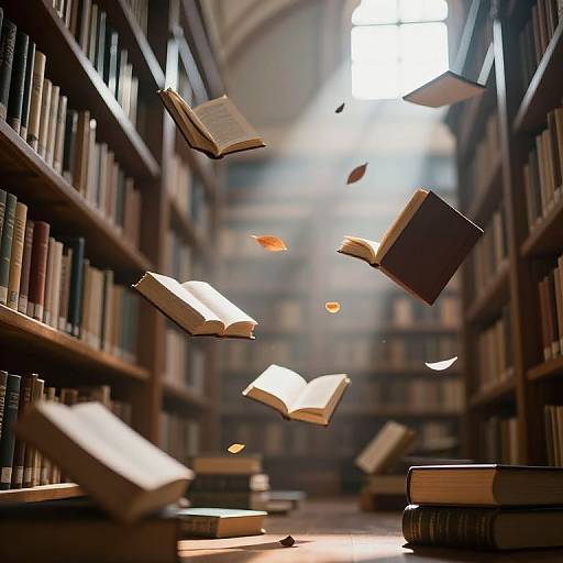 Photograph of a sunlit library aisle with floating books, surrounded by tall wooden bookshelves filled with books, creating a magical atmosphere.