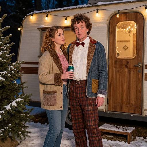 Photograph of a curly-haired man in vintage attire and a woman with wavy hair in a cozy cardigan, standing in front of a lit-up