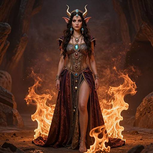 Digital artwork of a fierce, dark-haired demoness with horns, glowing turquoise necklace, and ornate, revealing dark dress, walking through fiery flames in