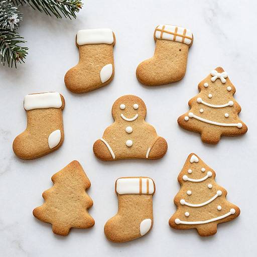 Photograph of nine gingerbread-shaped cookies with white icing: three stockings, two Christmas trees, one smiling figure, one plaid stocking, one plain