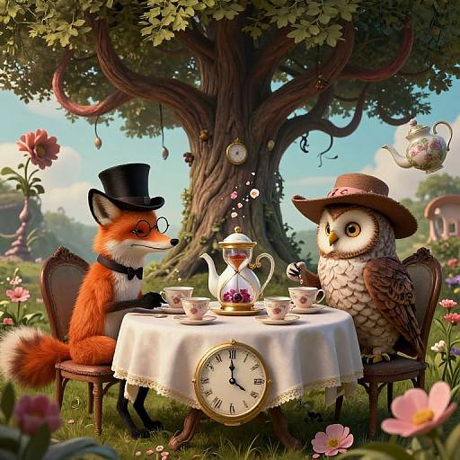 Whimsical digital illustration of a fox in a top hat and bow tie, and an owl in a hat, tea-setting outdoors under a large tree