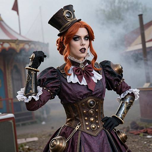 Steampunk red-haired woman in dark purple dress, white lace, top hat, and brass gears, poses confidently amidst foggy circus tent background.
