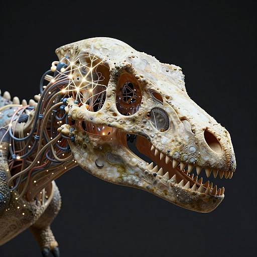 Photorealistic digital art of a robotic dinosaur skull with glowing star-like lights, exposed mechanical wires, and detailed bone texture against a black background.