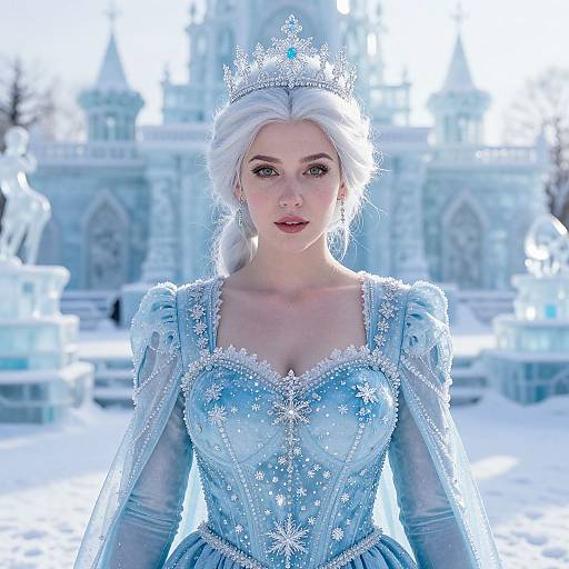 Photograph of a fair-skinned, blonde woman with blue eyes, wearing a sparkling blue ice queen dress and silver crown, standing in a snowy,