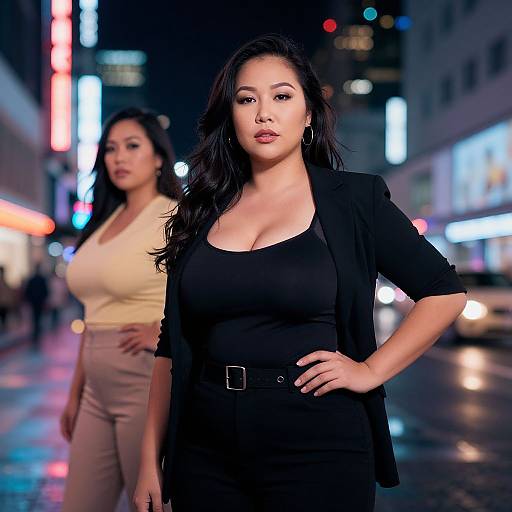 Photograph of two Asian women in a neon-lit urban night street: foreground woman in black dress and blazer, background woman in yellow top and