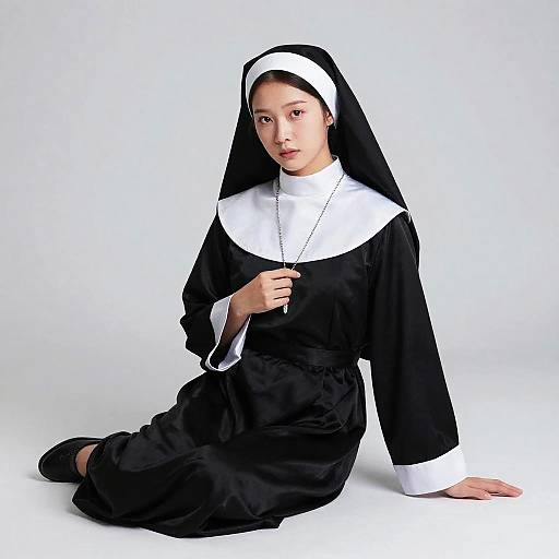 Photograph of an East Asian woman in a traditional black and white nun's habit, seated on a white background, holding a necklace, with a calm