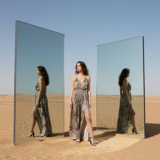 Photograph of a woman in a shimmering silver dress standing between three mirrored panels in a sunny desert, reflecting her image.