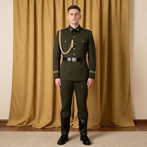 Photograph of a young white man in a formal black military uniform with gold chain accents, standing in front of beige curtains.