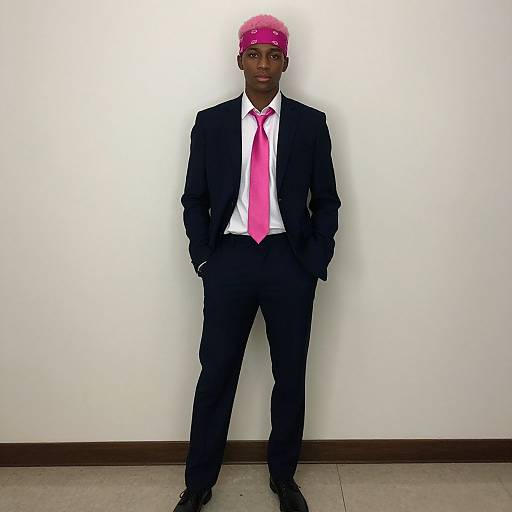 Photograph of a tall, dark-skinned man in a black suit with a bright pink tie and pink cap, standing against a plain white wall.