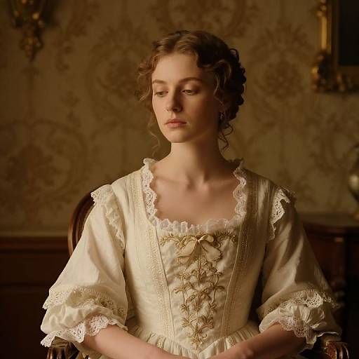 Photograph of a young woman with curly brown hair, wearing an ornate, cream-colored, lace-trimmed Victorian dress, sitting in a dim
