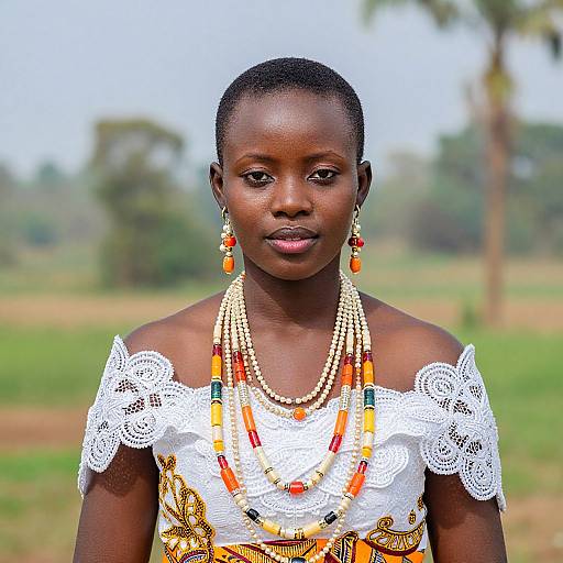 Photograph of a young African woman with dark skin, short hair, wearing a white lace off-shoulder top, colorful bead necklaces, and
