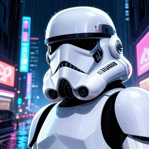 Digital art of a white Stormtrooper helmet in a rainy, neon-lit cityscape with vibrant pink, blue, and purple billboards.