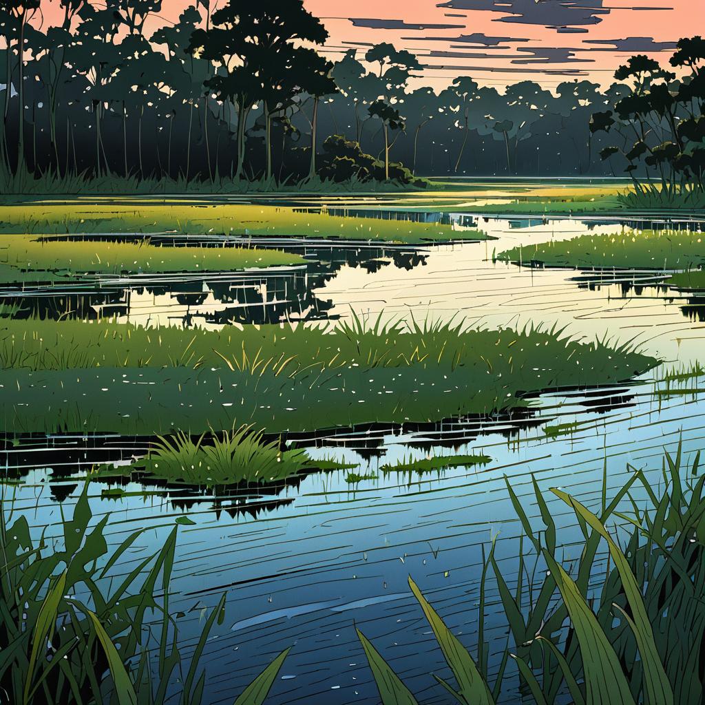 Serene Marshy Wetlands at Dusk