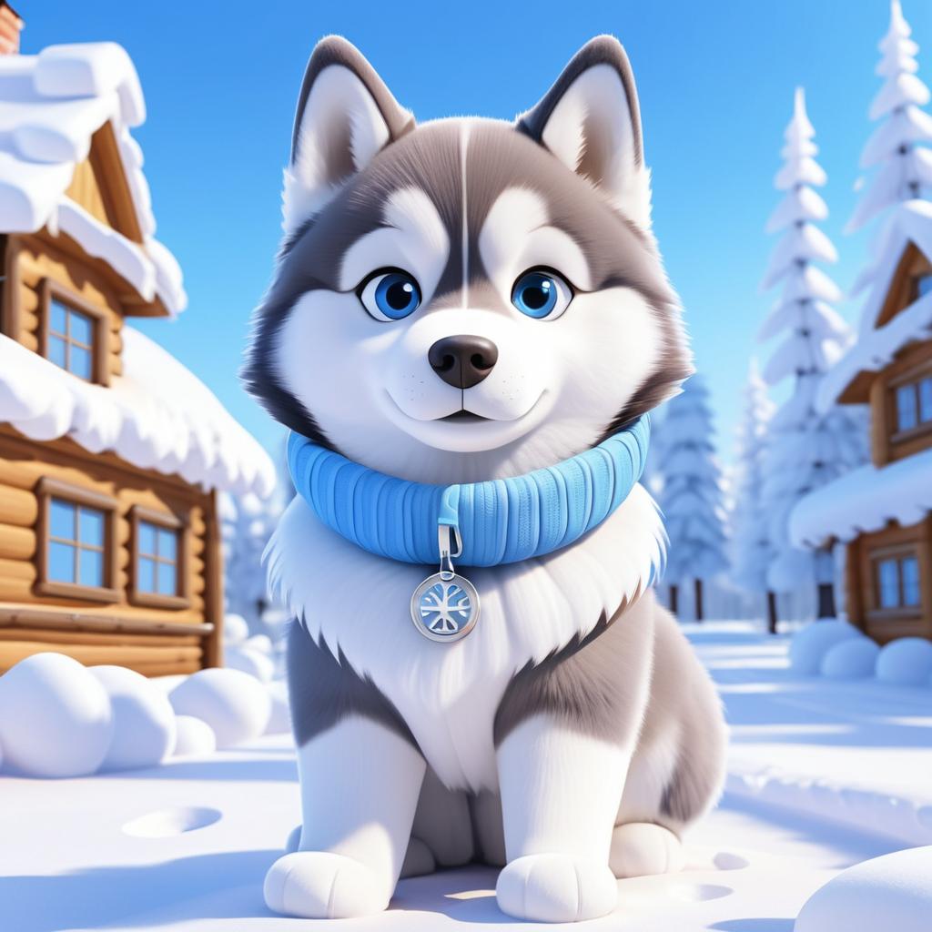 Adorable Cartoon Siberian Husky in Winter