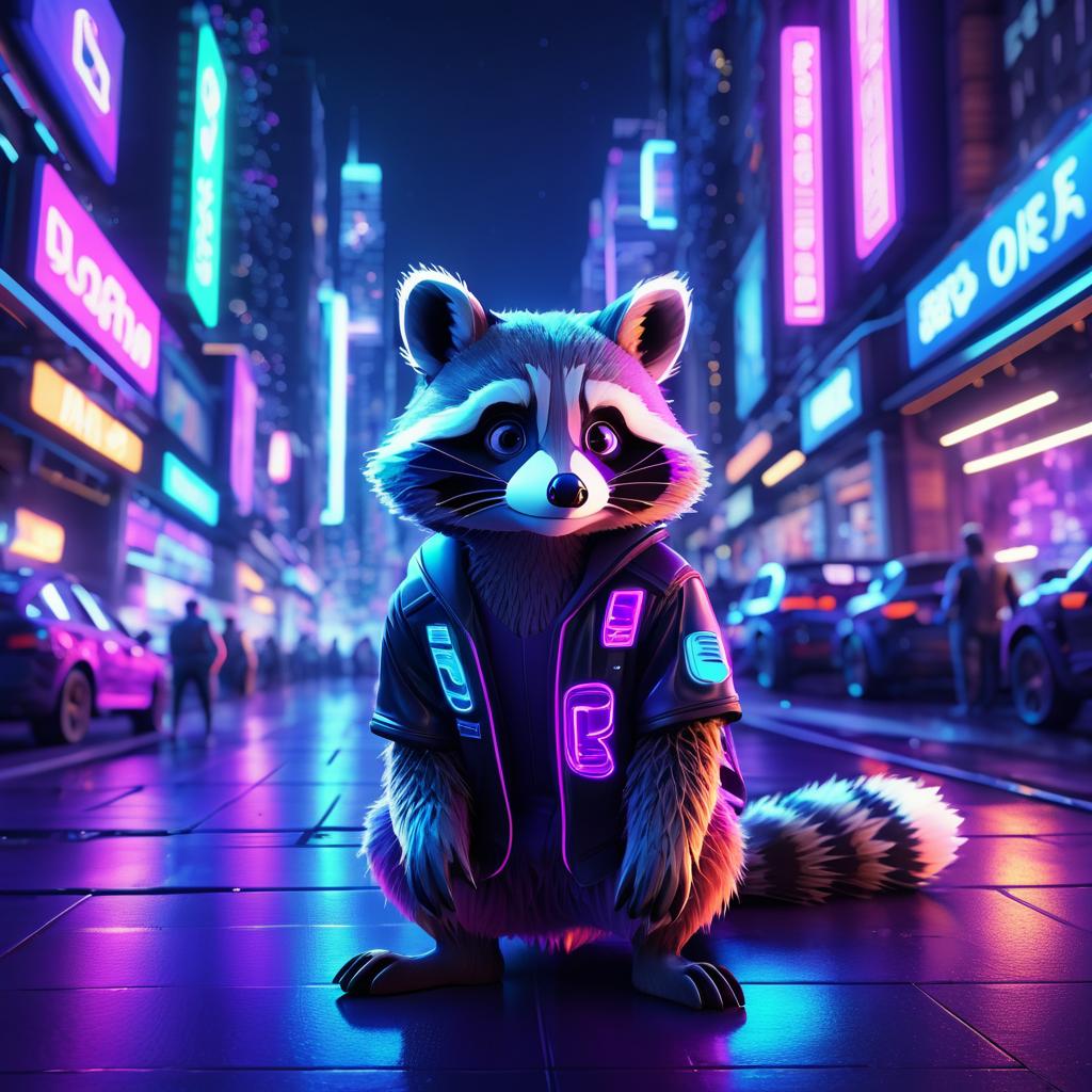 Curious Raccoon in Neon Cityscape