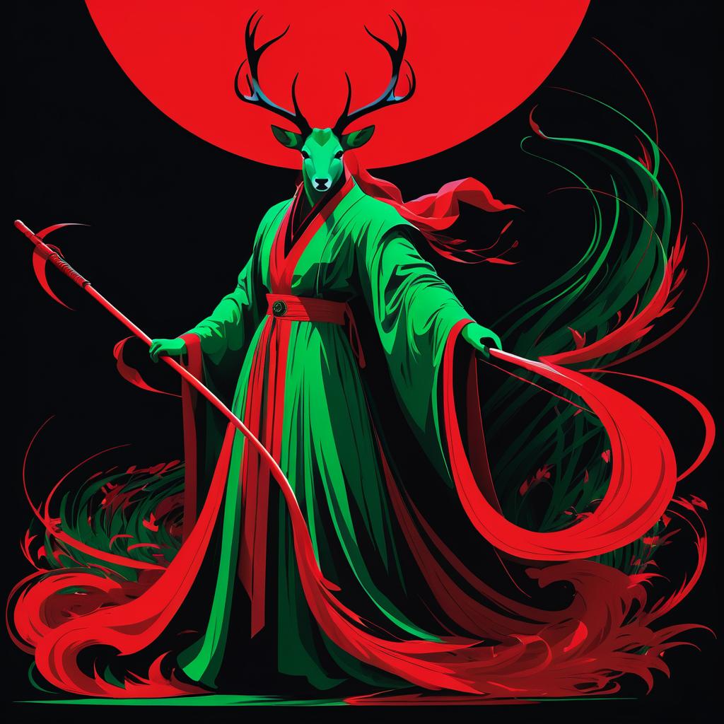 Dynamic Deer Portrait with Scythe