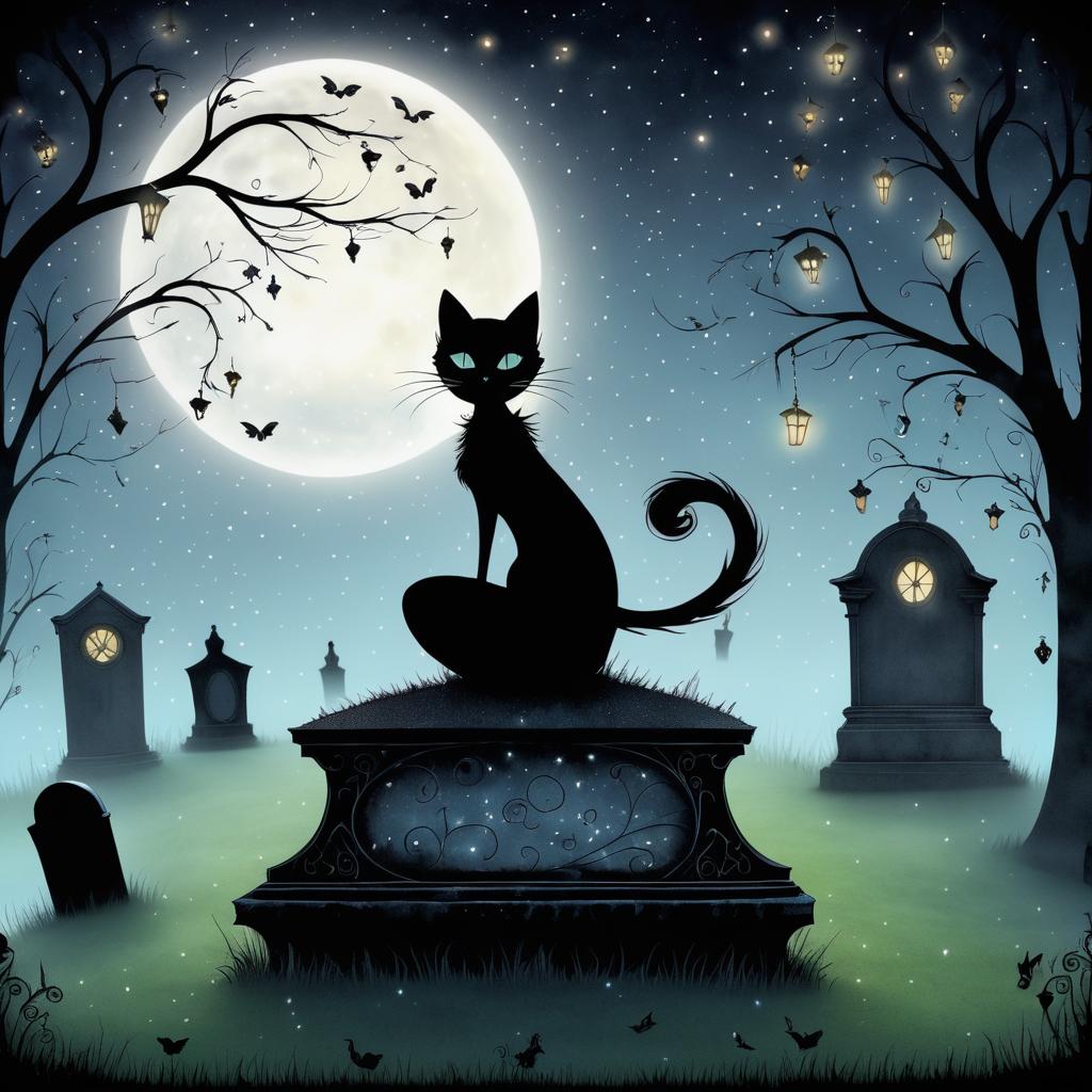 Curious Cat Girl in Whimsical Graveyard