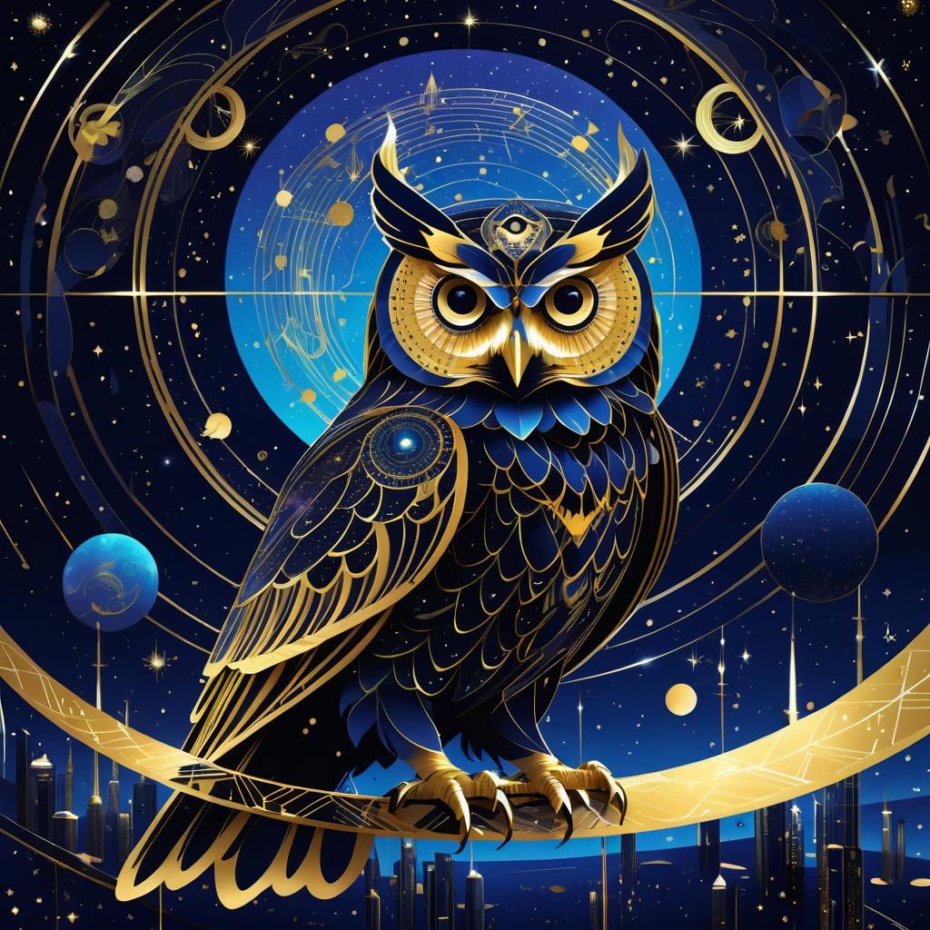 Cosmic Owl in Futuristic Stellar Landscape